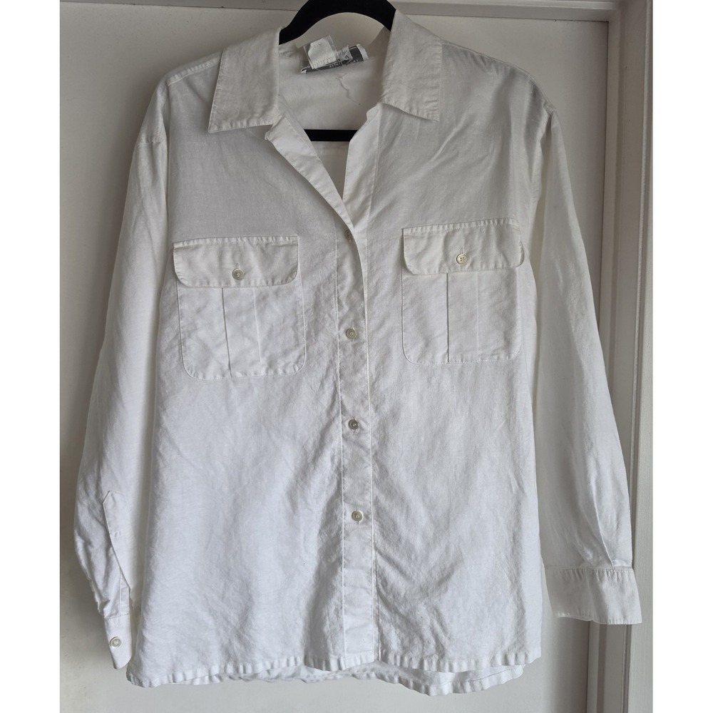VTG Vittadini Sport Women's Linen Blend Button-Down Shirt M White Top Breathable